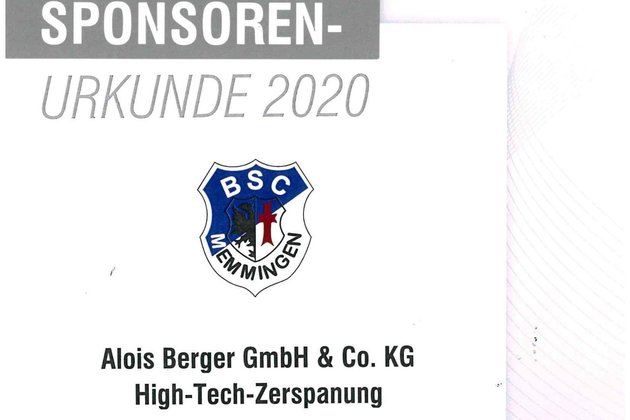 Sponsorenurkunde des BSC Memmingen e.V.